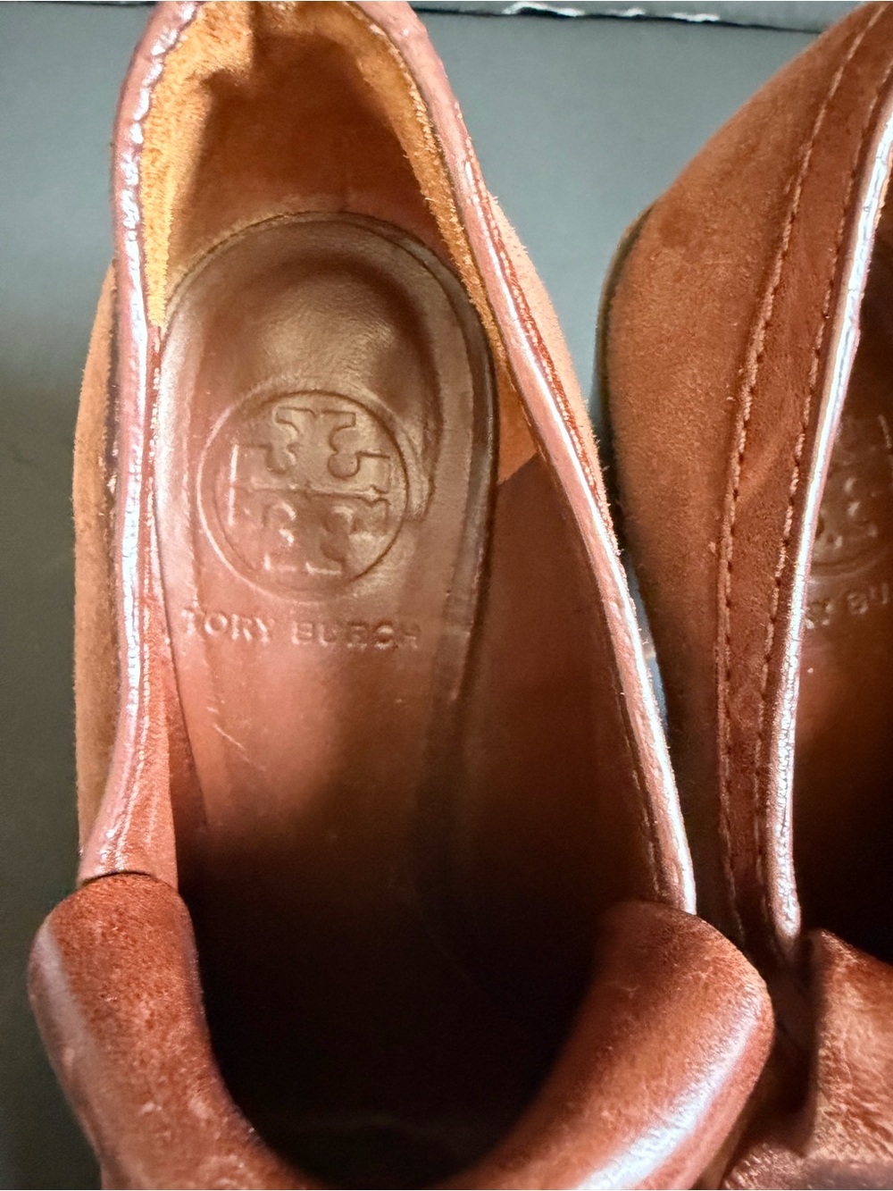 Tory Burch Suede and Leather Tassel Block Heel Loafers in Cognac - Picture 4 of 6
